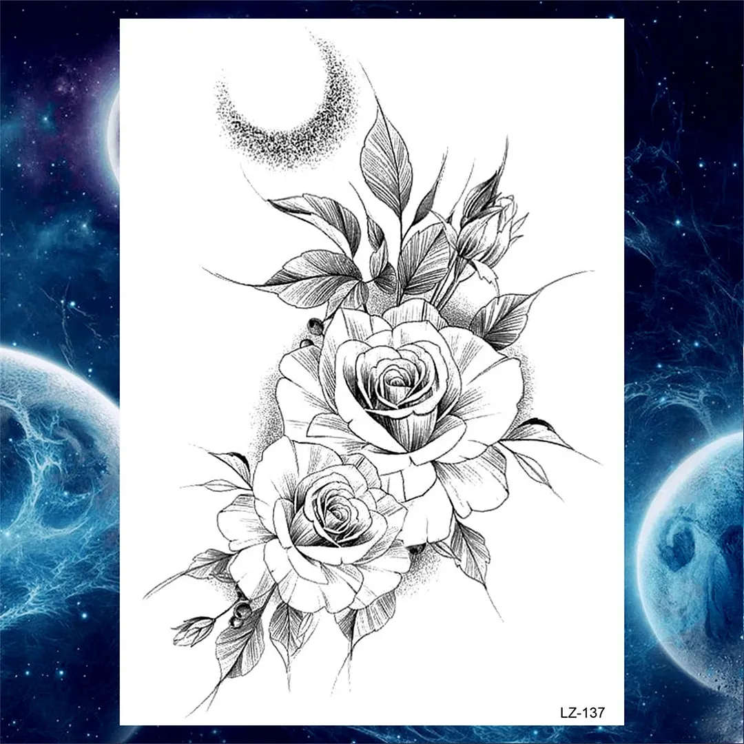 Flower Compass Temporary Tattoo For Women Girls Adult Rose Peony Tattoos Sticker Fake Black Floral Body Art Thigh Tatoos Paper