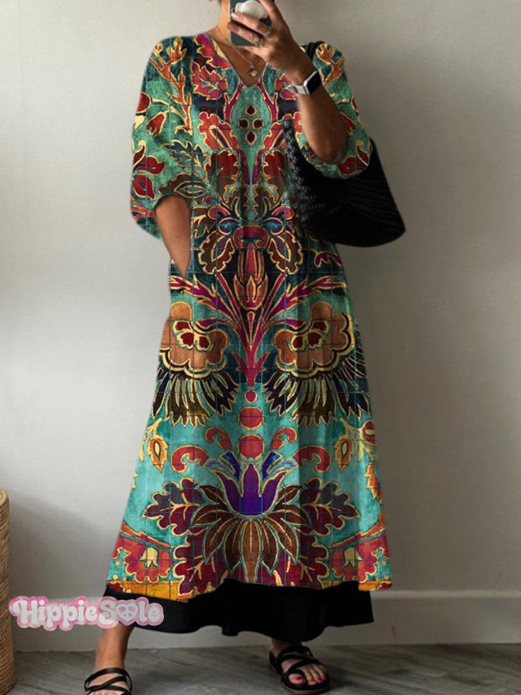 Women&rsquo;s Vintage Lovely Floral Art Print Pocket V-Neck Cotton Dress Multicolor / S