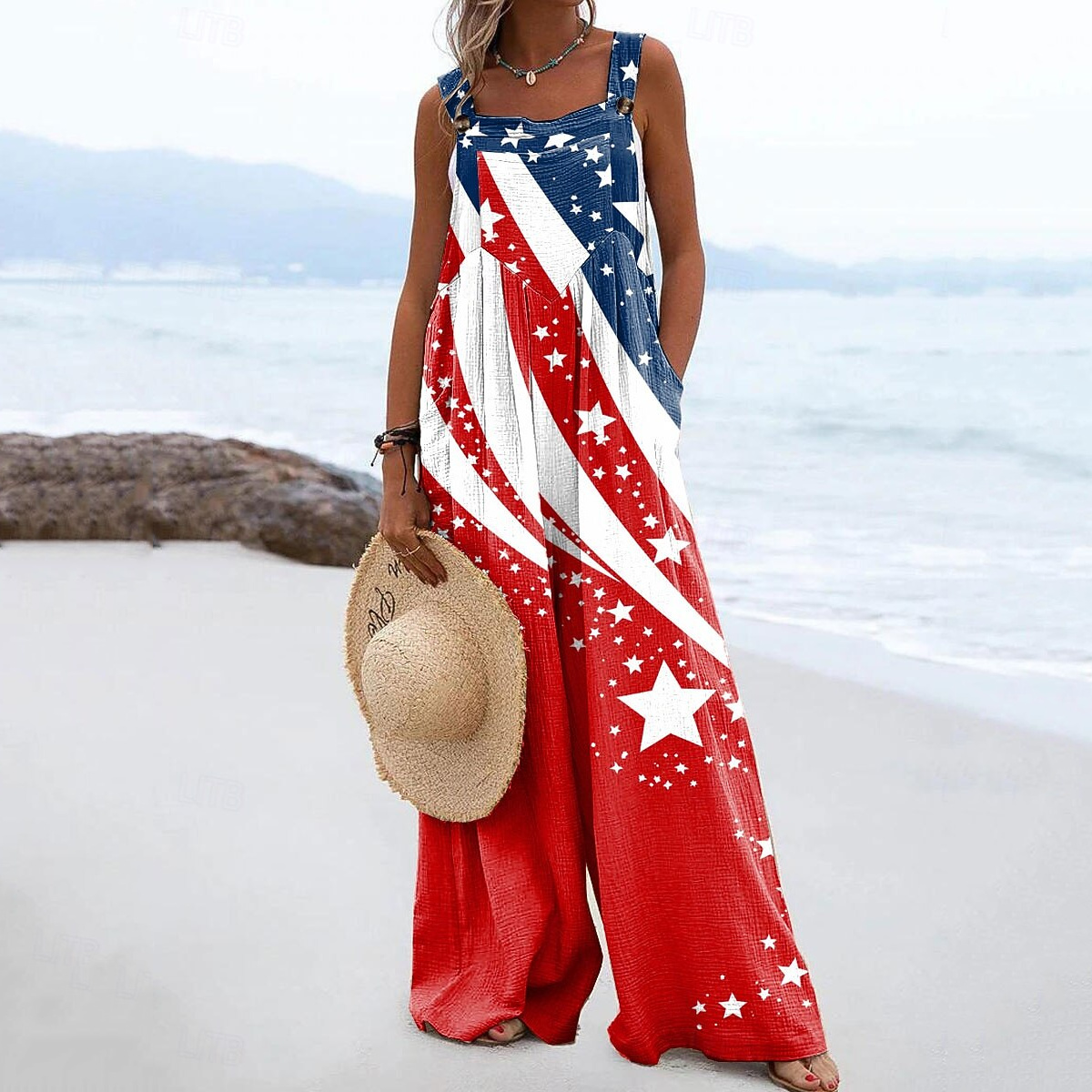 Comstylish Women's Floral Independence Day Flag Art Print Jumpsuit