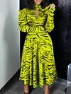 High-Neck Zebra Striped Hollow A-Line Long Sleeve Midi Dress