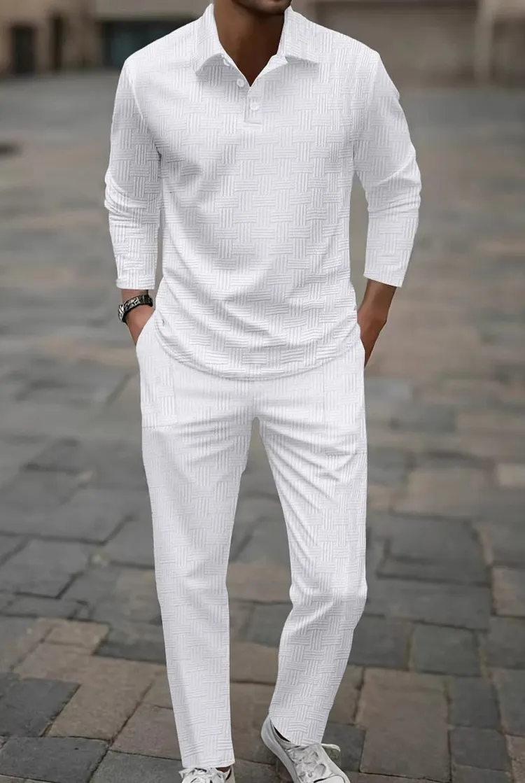 Men's Long Sleeve Polo and Pants Set in Jacquard Fabric