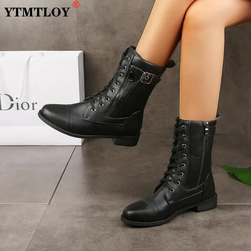 Ladies Low-heel Casual Long Women's Boots Plus Cotton Warm Zipper Round-toe Winter Shoes Motorcycle Boots 2022 New Ankle