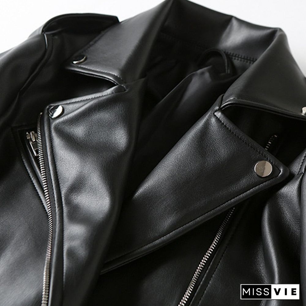 New Spring Autumn Women Black Soft Faux Leather Short Jacke Lapel Zipper Motorcycle Coat