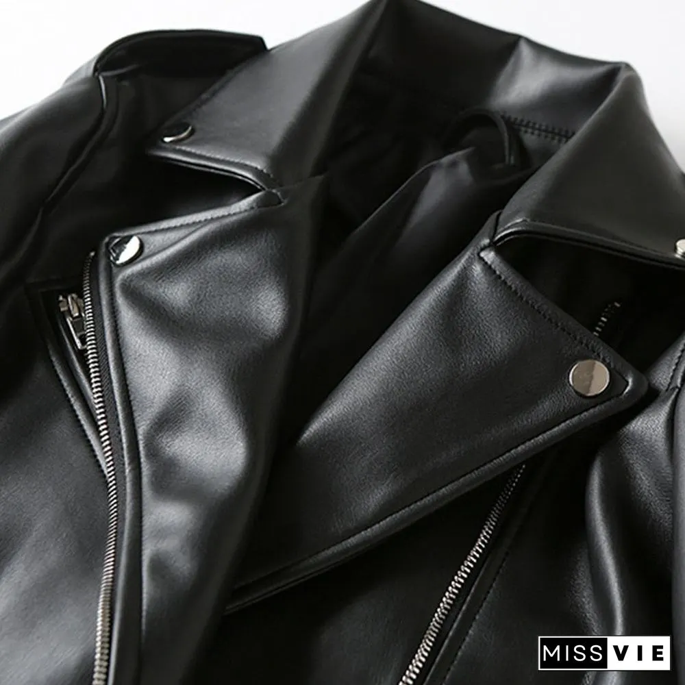 New Spring Autumn Women Black Soft Faux Leather Short Jacke Lapel Zipper Motorcycle Coat