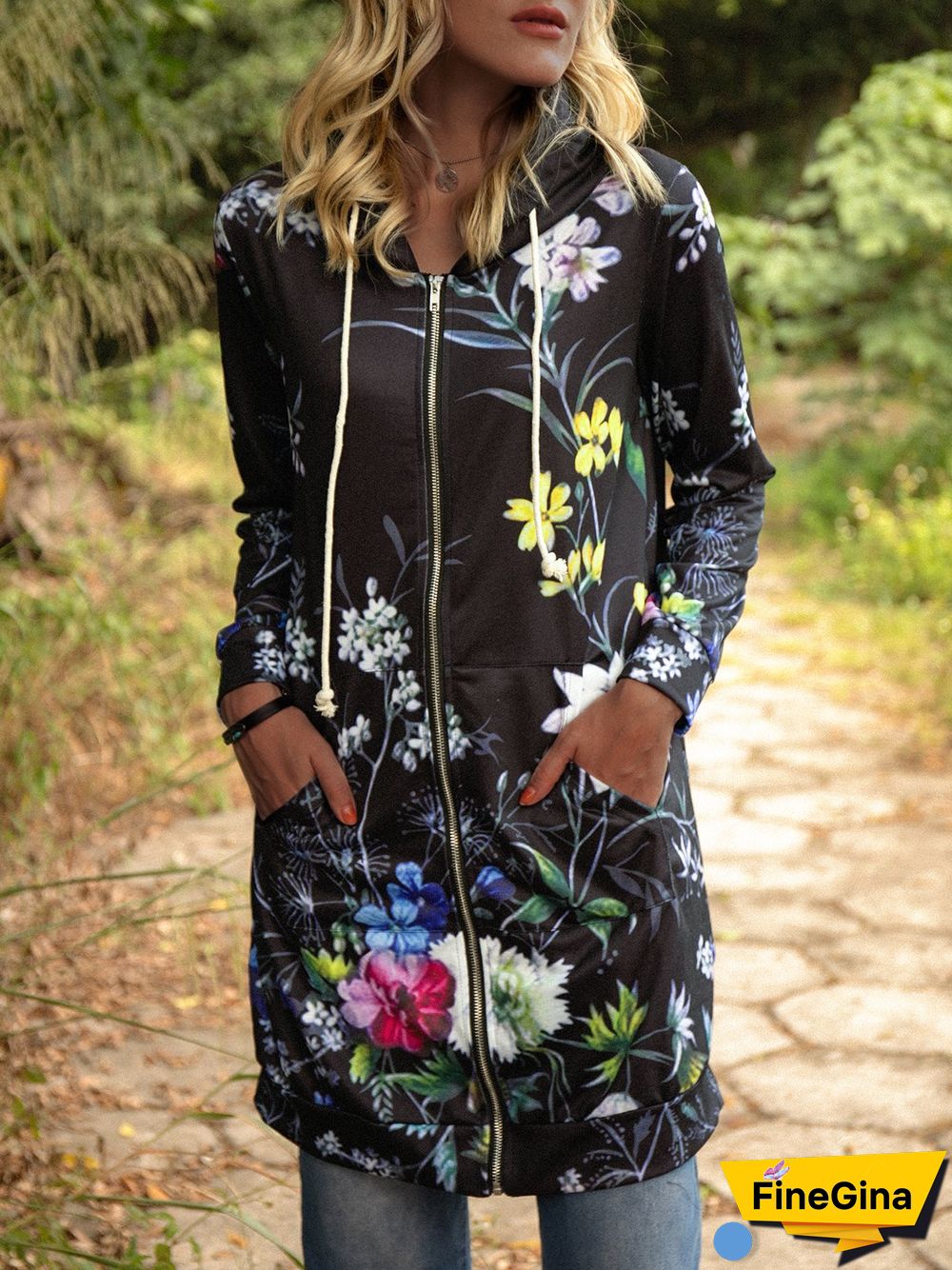 Gray Floral Long Sleeve Adjustable Strap Cotton-Blend Knit coat