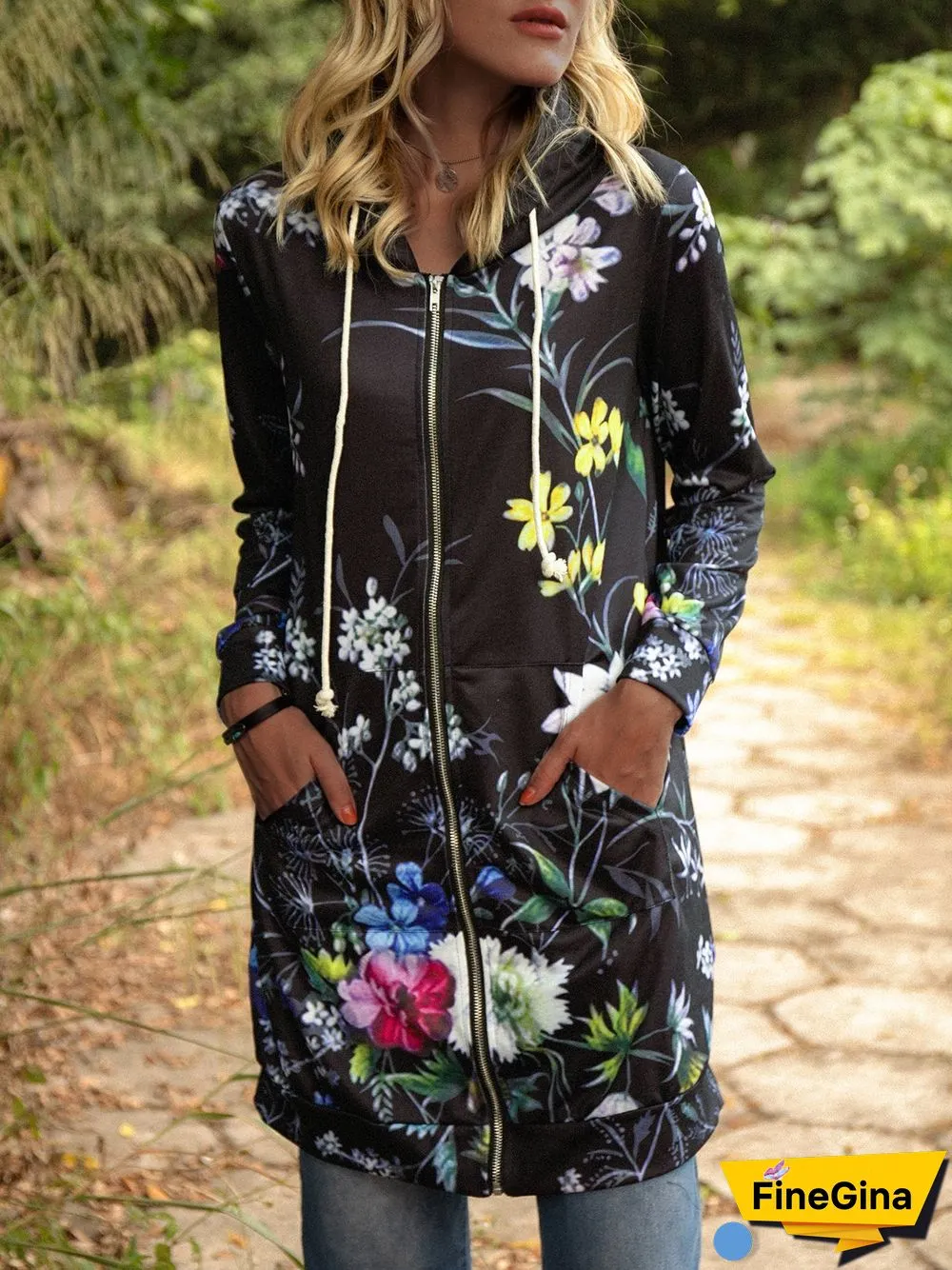 Gray Floral Long Sleeve Adjustable Strap Cotton-Blend Knit coat
