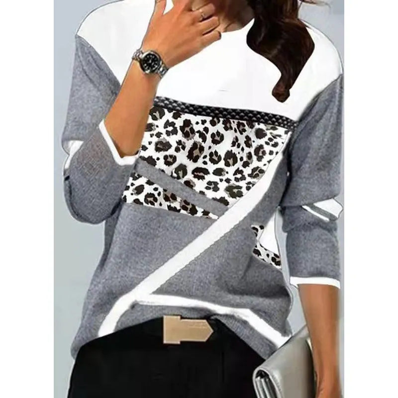 Brownm Loose Color Printed Round Neck Long Sleeve T-shirt