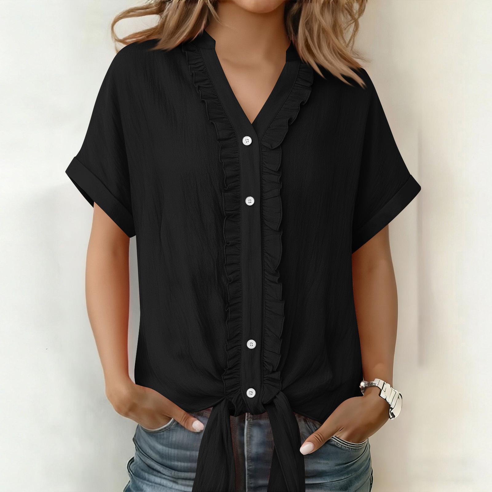 Women's Solid Color Ruffle V-neck Linen Blend Loose T-shirt elevenforest