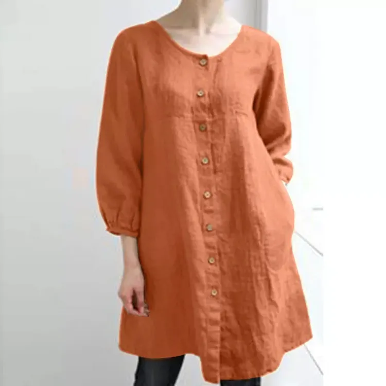 Solid Color Round Neck Button Casual Shirt