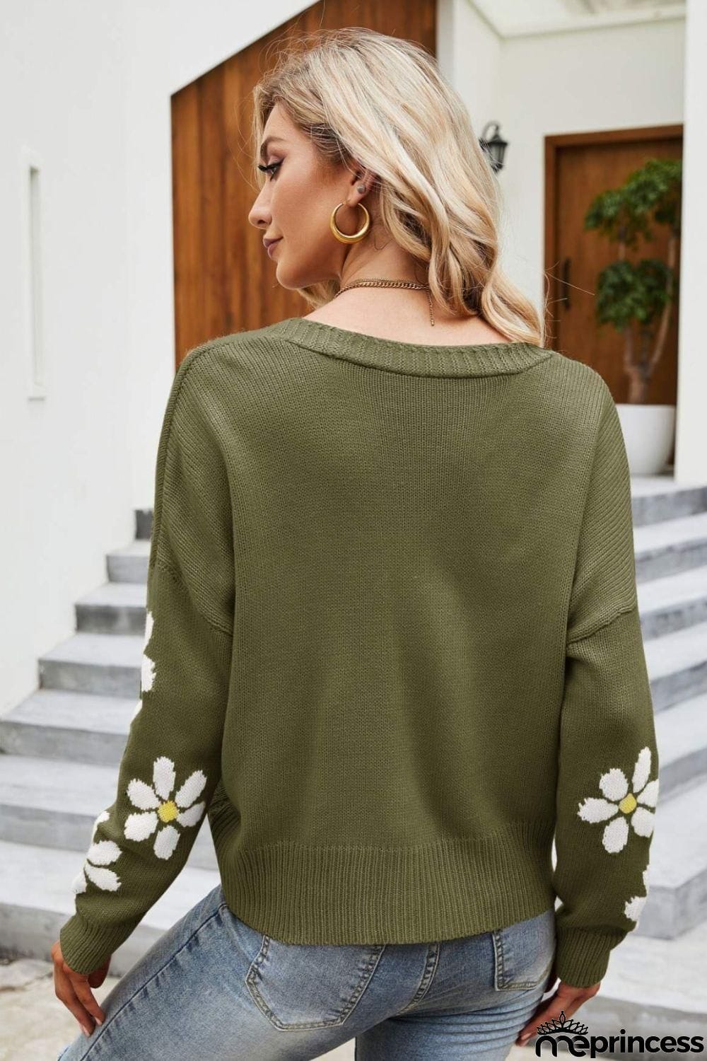 Floral Ribbed Trim Drop Shoulder Cardigan