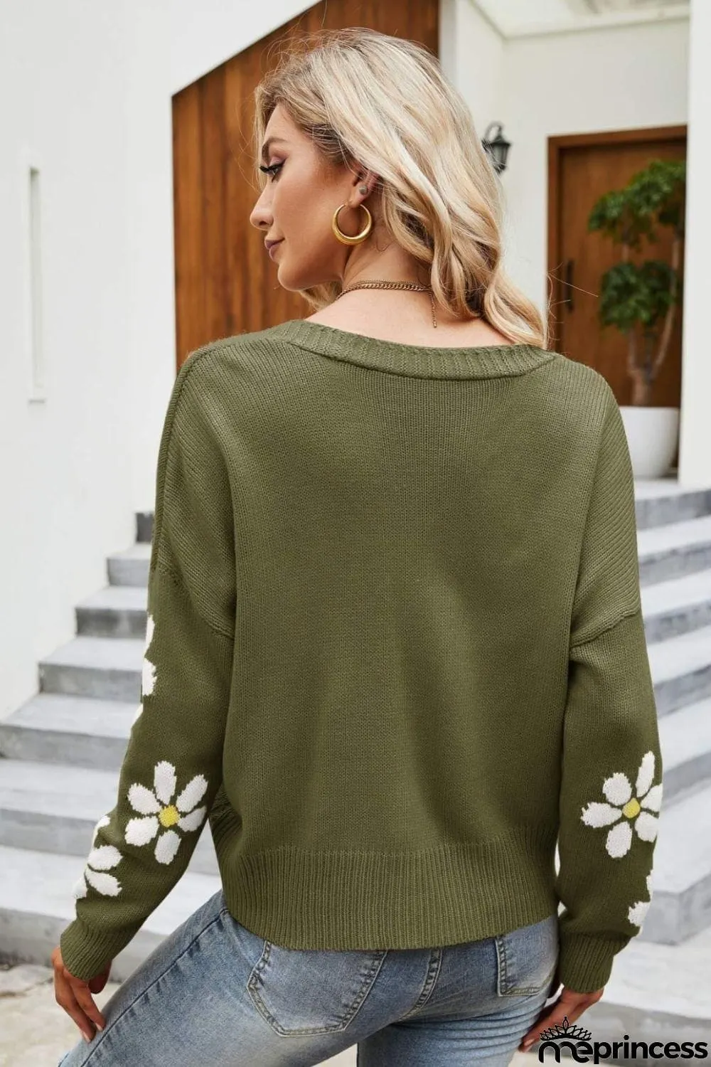 Floral Ribbed Trim Drop Shoulder Cardigan