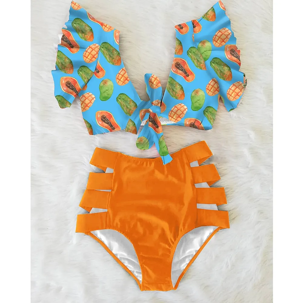 High Waist Ruffled Sexy Bikini Set 2022 Flounce Biquini Swimwear Women Two Pieces Swimsuit Floral Beachwear V-Neck Bathing Suit