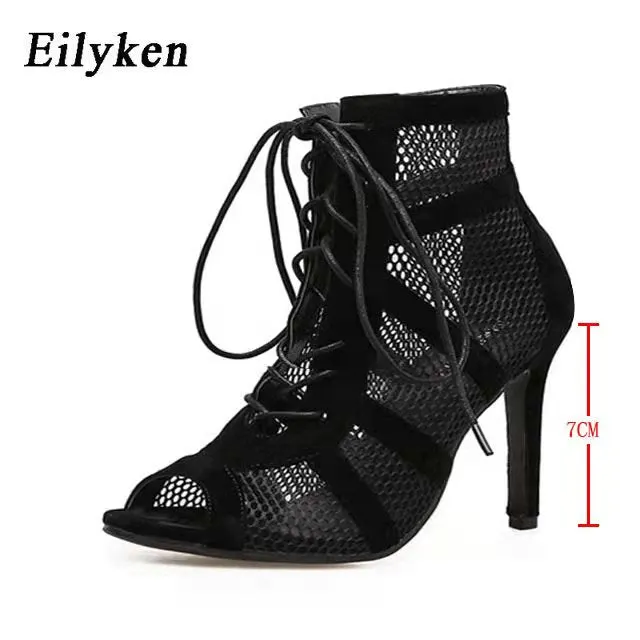 Eilyken 2022 Fashion Black Summer Sandals Lace Up Cross-tied Peep Toe High Heel Ankle Strap Net Surface Hollow Out Sandals