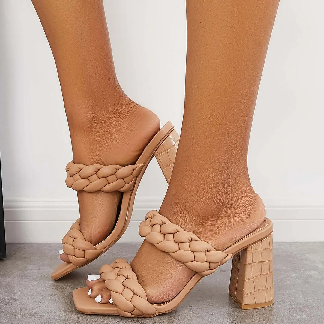 Square Toe Block High Heels Backless Slip on Mule Sandals