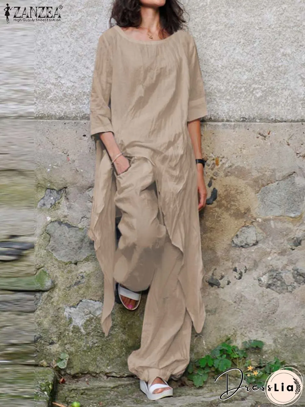 Two Piece Sets Women Tracksuit Zanzea Fashion Summer Matching Sets 2Pcs Casual 3/4 Sleeve Irregular Blouse Suits Urban Outifits7