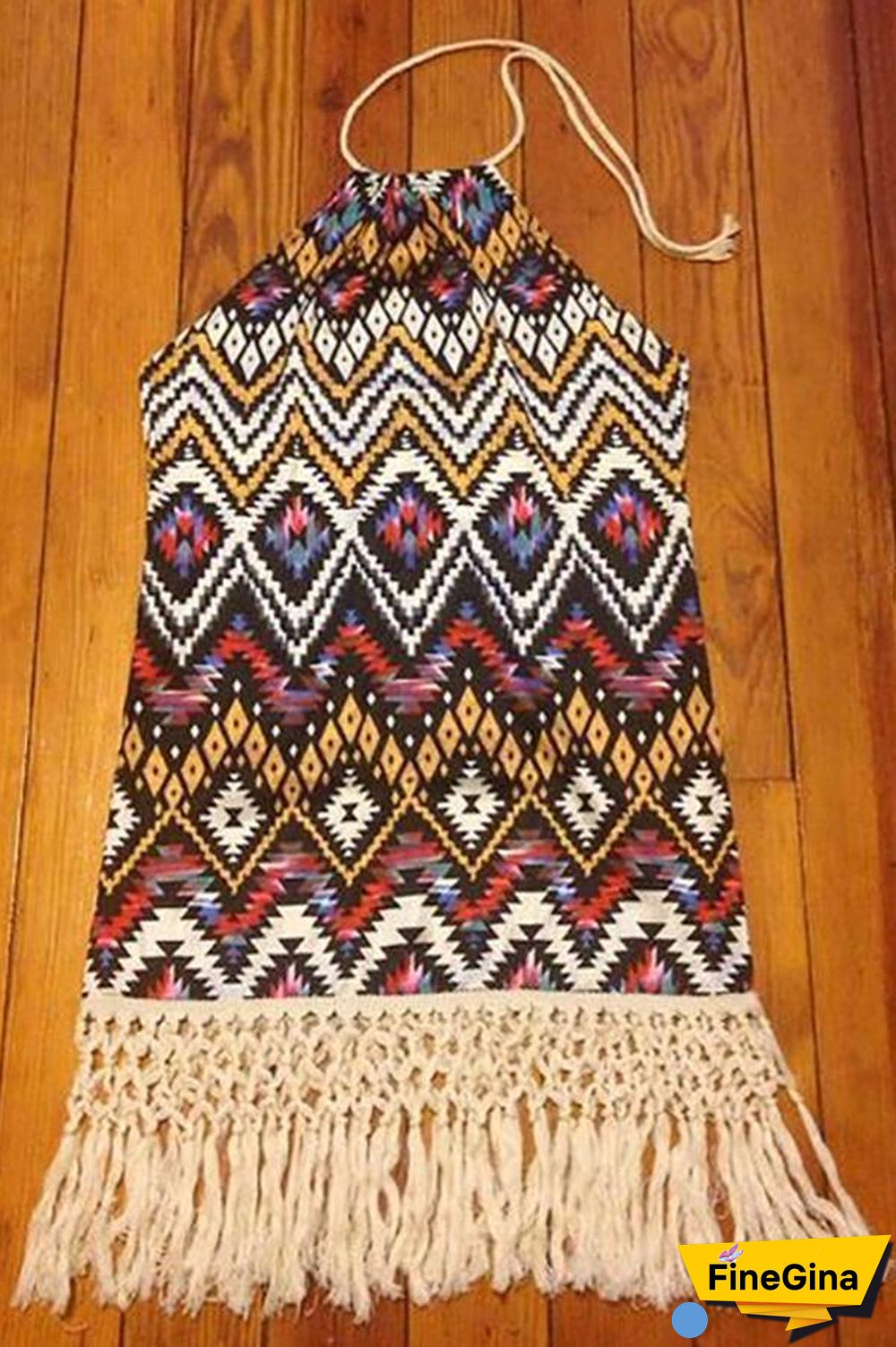 Tribal Printed Halter Neck Fringed Dress P16045