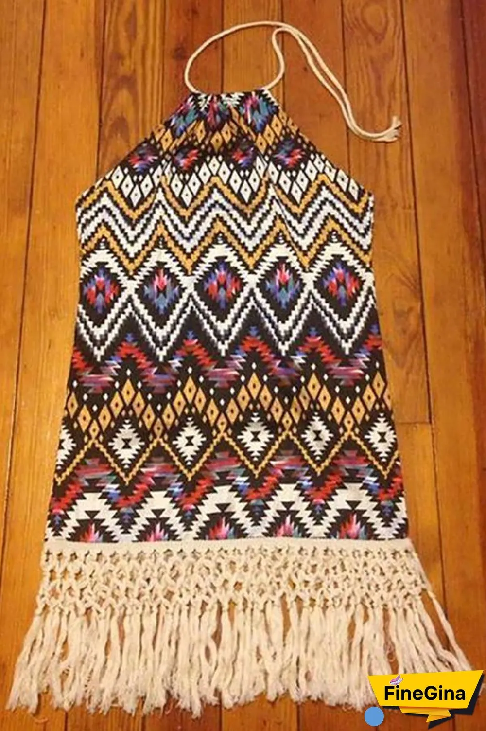 Tribal Printed Halter Neck Fringed Dress P16045