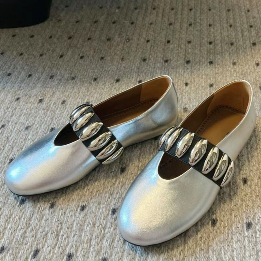 GOOSHOE Women Solid Round Toe Sandals Causal Pumps Girls Middle Metal Buckle Strap Flat Shoes