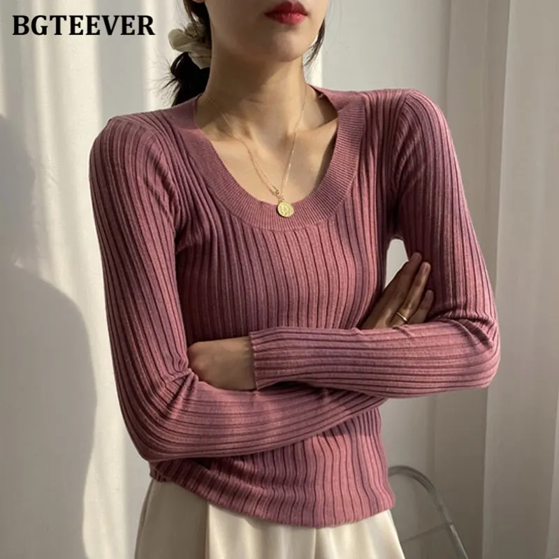 BGTEEVER Autumn Deep O-neck Women Basic Slim Warm Knitted Tops Casual Skinny Stretch Long Sleeve Female Pullover Sweaters 2020