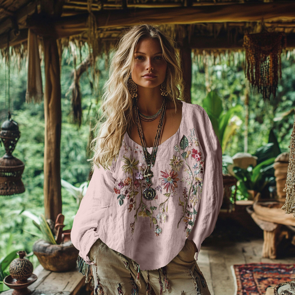 Retro Bohemian Floral Embroidery Art Graphics Cotton And Linen Blend Loose Blouse elevenforest