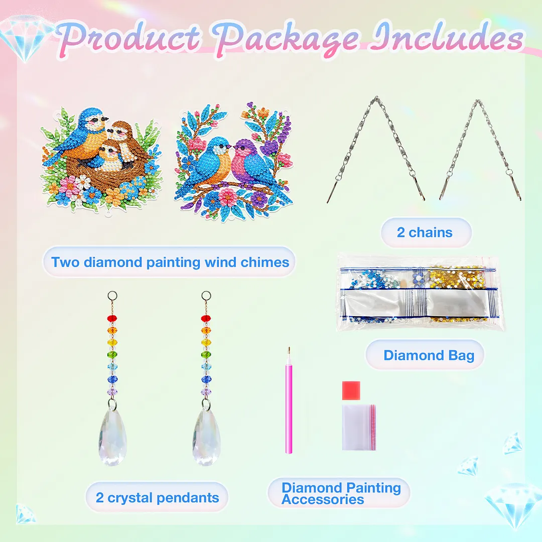 2Pcs Birds Family DIY Acrylic Diamond Painting Art Wind Chimes with Crystal Pendant Diamond Art Hanging Pendant Double-Sided for Adults Beginners Gift Home Garden Decor
