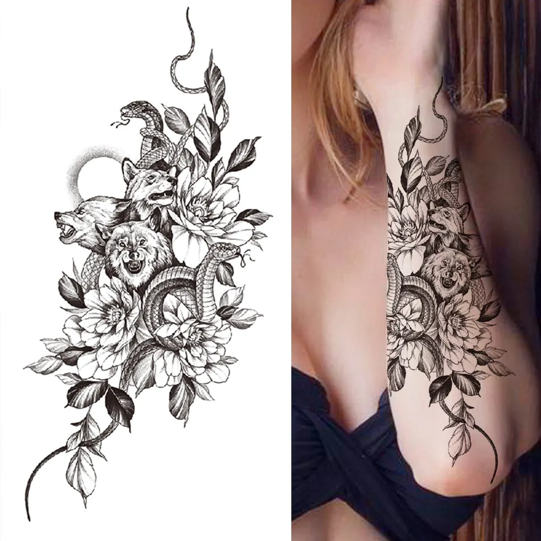 Realistic Fake Peony Temporary Tattoos For Women Girl Black Rose Elephant Flower Tattoo Sticker Tiger Anemone Tatoos Half Sleeve 1108-1