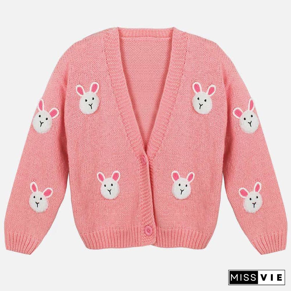 Cartoon Bunny Embroidery V-neck Knit Cardigan Sweater
