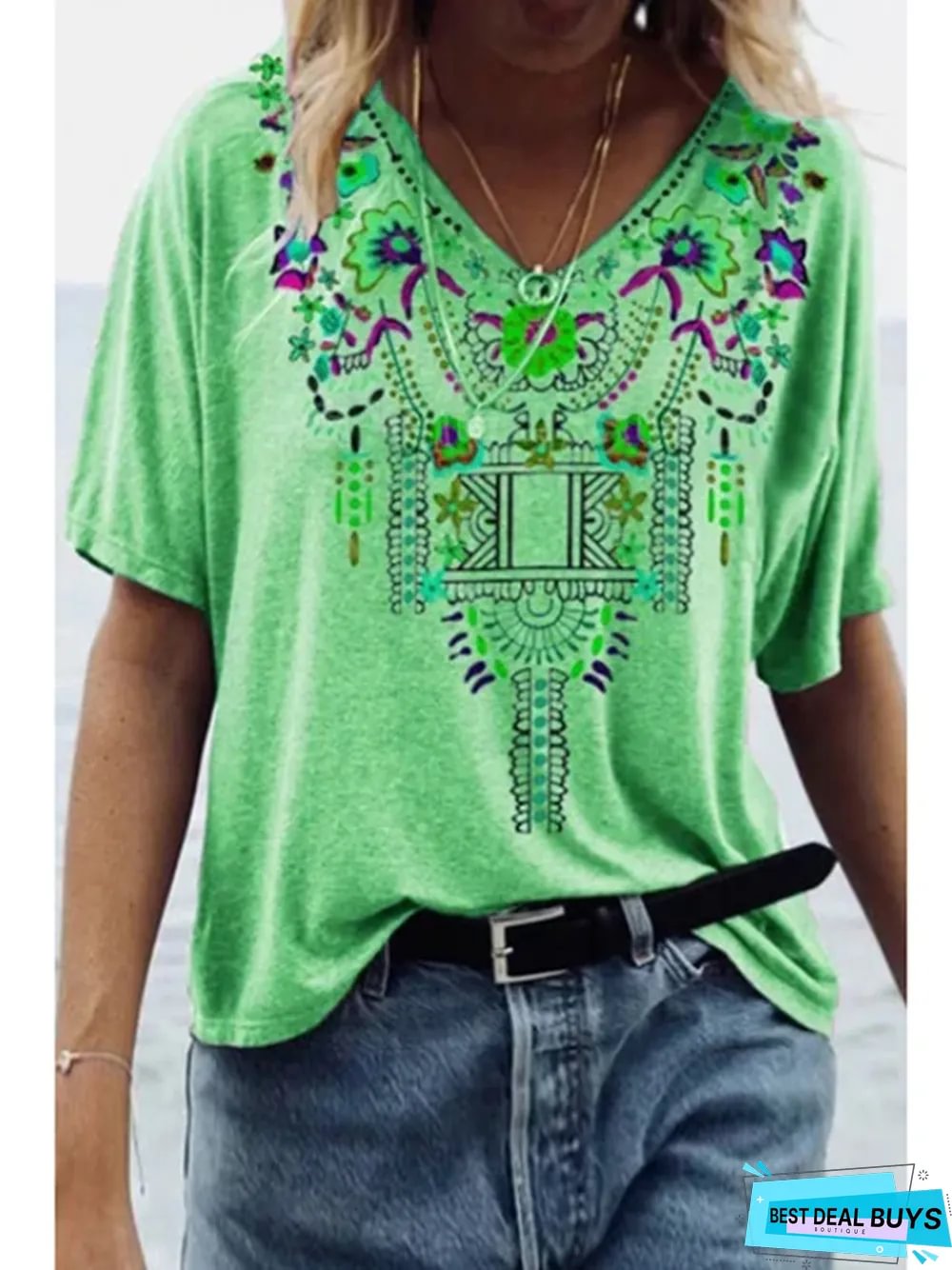 Women's Spring and Summer New Printed National Style V-Neck Short-Sleeved T-Shirt