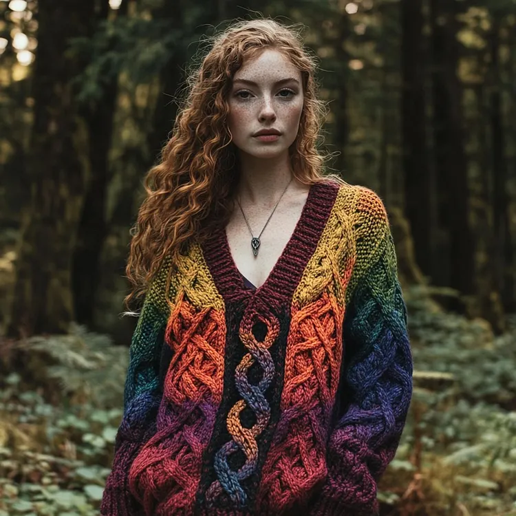 Vintage Rainbow Gradient Celtic Jacquard Chunky V-neck Aran Sweater