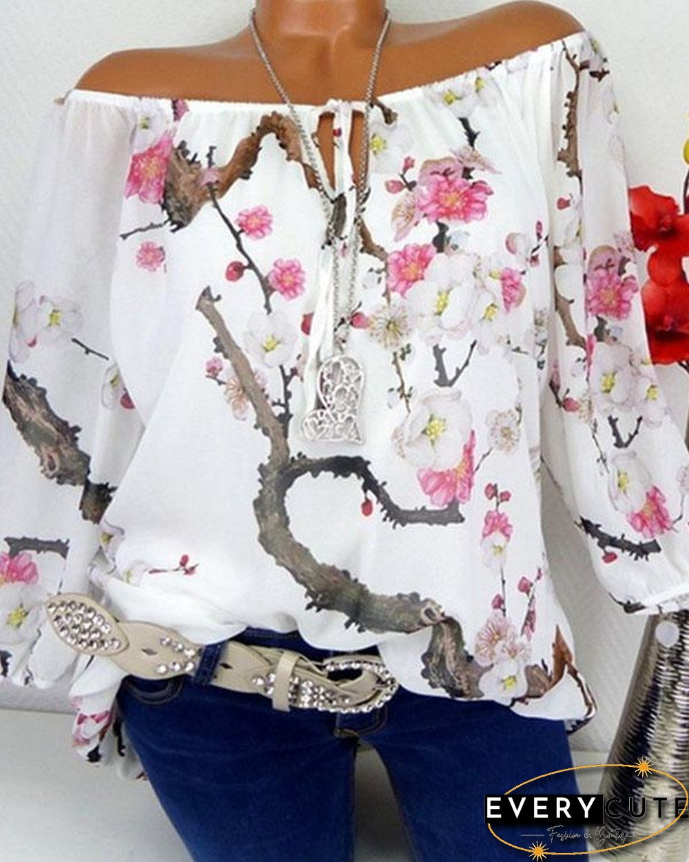 Floral Boat Neckline Long Sleeve Blouses