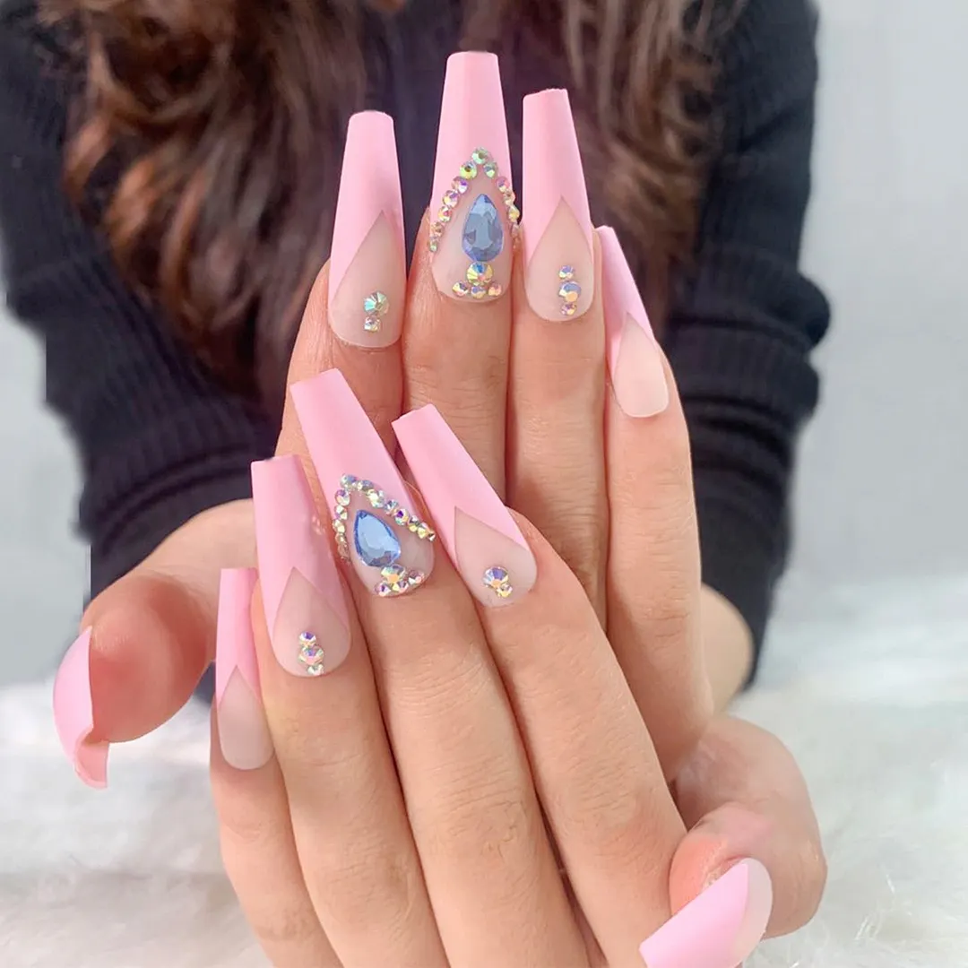 Luxury Fake Nails Designer Extra Long French Jewelry designed Nails Natural Stones Rhinestone Coffin False Nail Decoration Tips-Nail Inspo