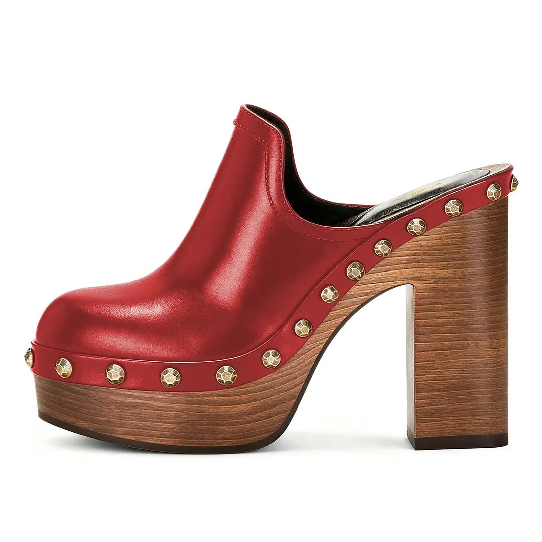 Red Round Toe Platform Chunky High Heel Studded Women's Mules Shoes