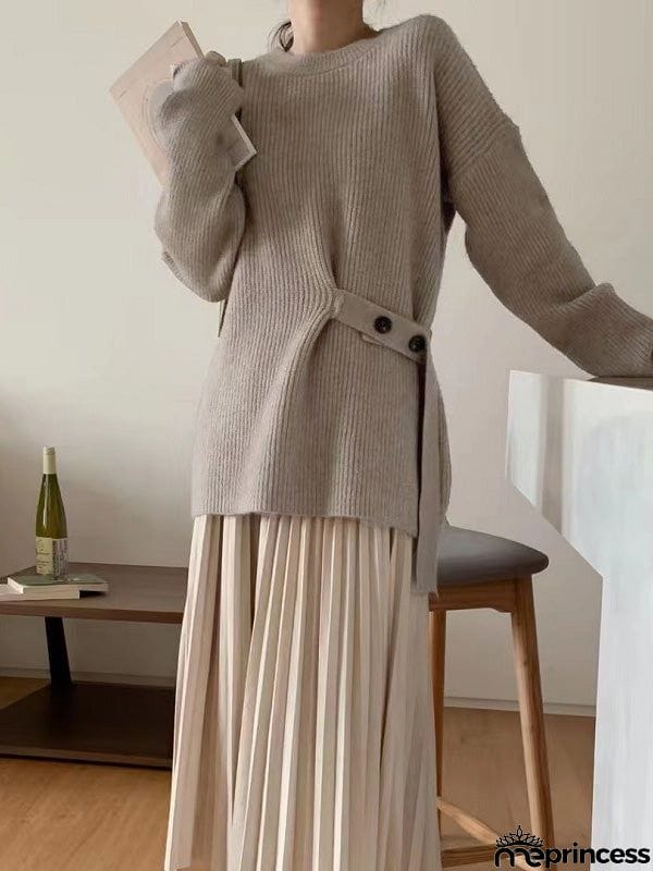 Casual Long Sleeves Loose Solid Color Round-Neck Sweater Tops