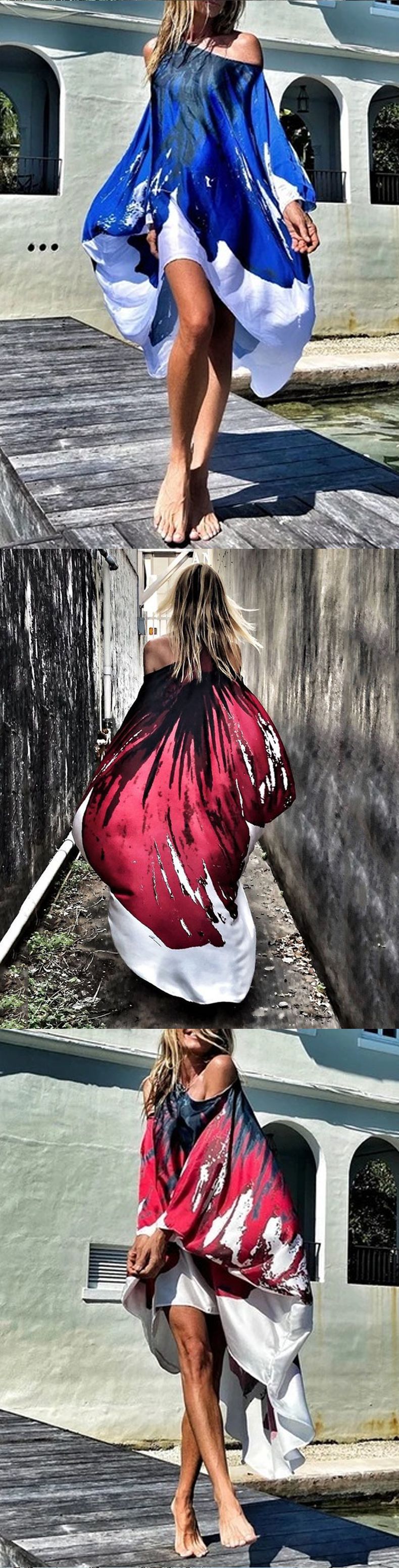 2025 Summer New Printed Dresses Women Sloping Shoulders Loose Casual Beach Vacation Irregular Dress Fashion Beachwear Vestidos