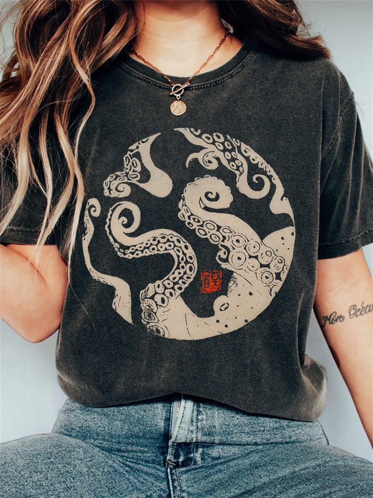 Octopus Japanese Lino Art Vintage Washed T Shirt