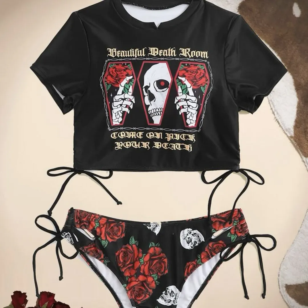 Churchf 2022 New Set Board Single Rose Print Rope Split Bikini Bikini