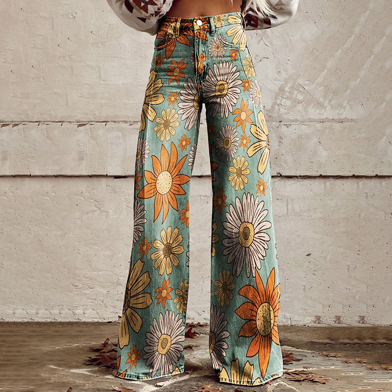 Vintage Floral Daisy Print Casual Wide Leg Jeans artswardrobe