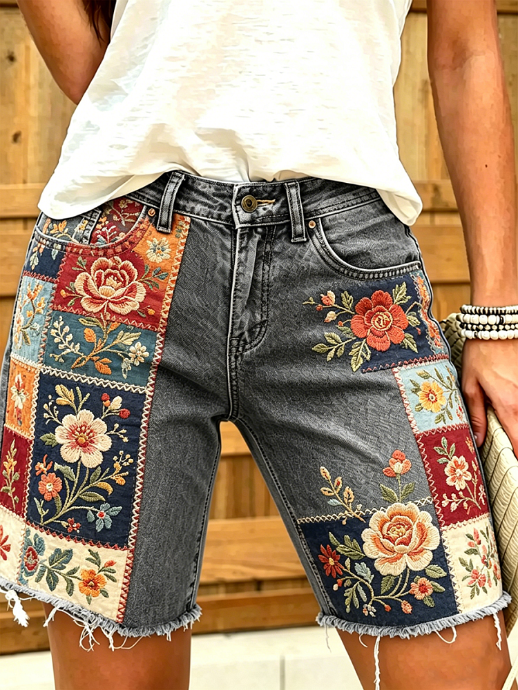 Women's Retro Bohemian Floral Art Print Casual Washed Cotton Denim Shorts