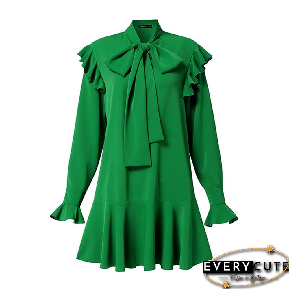 Spring Autumn Women Long Sleeve Mini Dress Bowknot Ruffled Party Elegant Casual Short Dress Plus Size