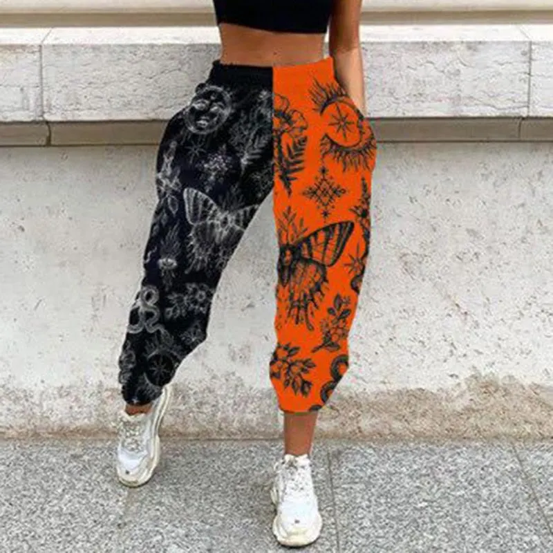 Women Casual Skull Print Patchwork Pants Spring Autumn Elastic Waist Pocket Loose Pencil Pants Female Streetwear Warm Sweatpants