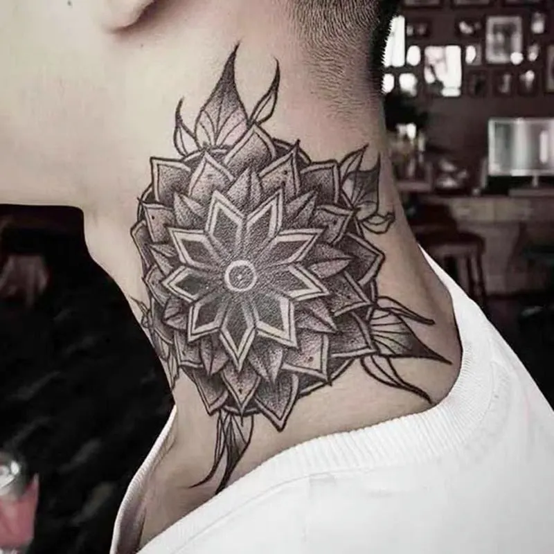 1PC Black Flower Neck Fake Tattoo Sticker For Men Waterproof Flash Temporary Tatto Body Arm Art Tatoos