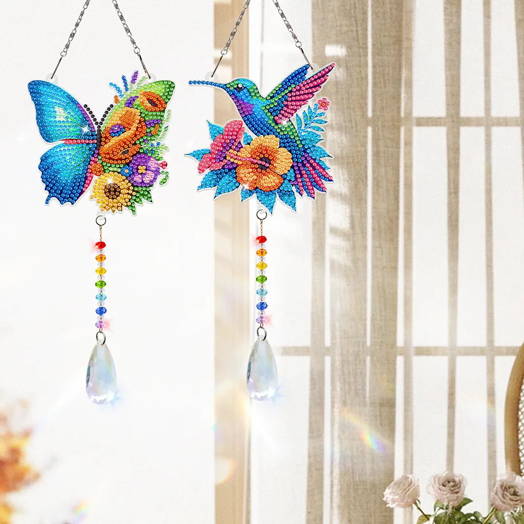 2Pcs Butterfly Hummingbird DIY Double-Sided Diamond Painting Hanging Kits Diamond Painting Suncatcher Craft Kit for Home Garden Wall Decor Gift