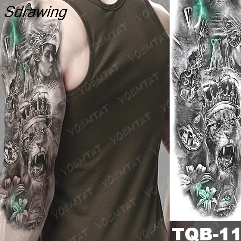 Sdrawing Arm Sleeve Tattoo Tiger Lion Wolf Owl Waterproof Temporary Tatto Sticker Crown Warrior Body Art Full Fake Tatoo Men Women