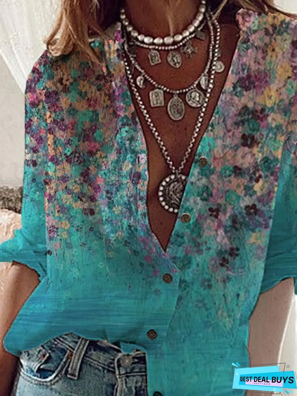 Women's Casual Daily Casual Loose Floral Stand Collar Long Sleeve Tunic Blouse