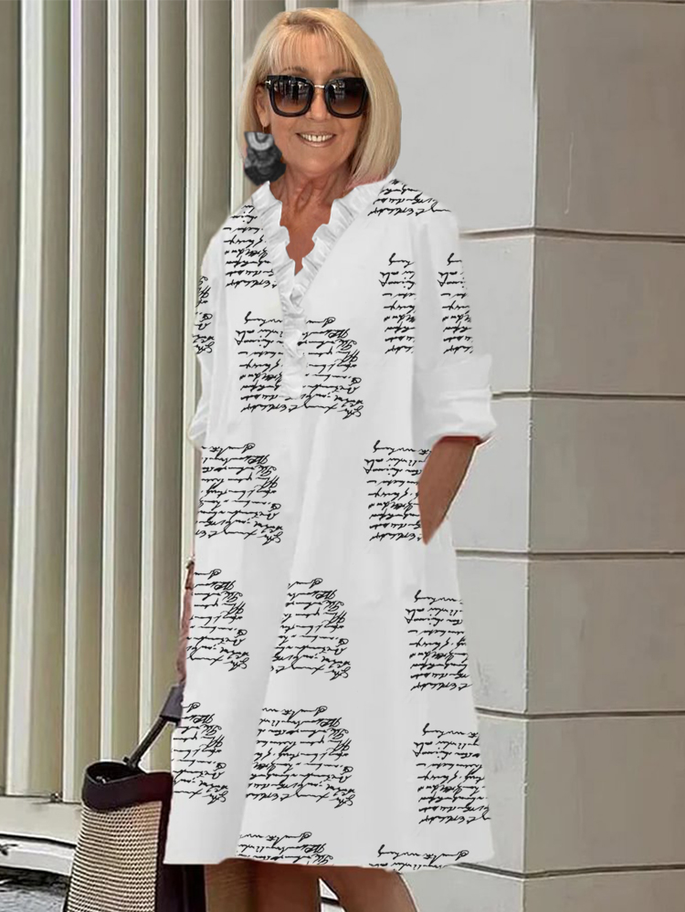V-neck Ruffle Collar Letter Printed A-line Dress