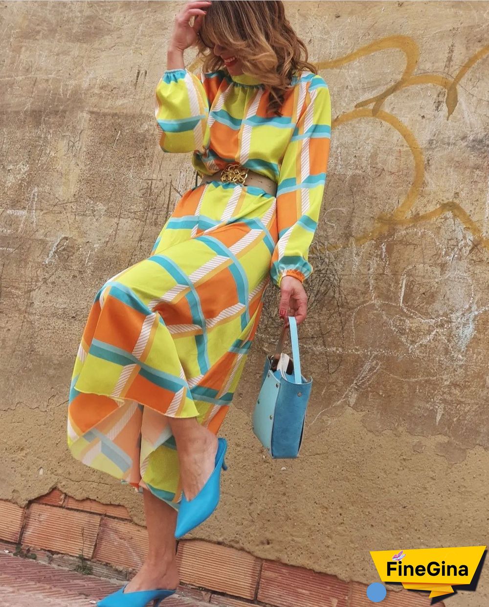 Sleeve Print Waist A-shaped Dress Plus Size Ladies Dress