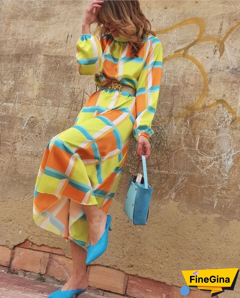 Sleeve Print Waist A-shaped Dress Plus Size Ladies Dress