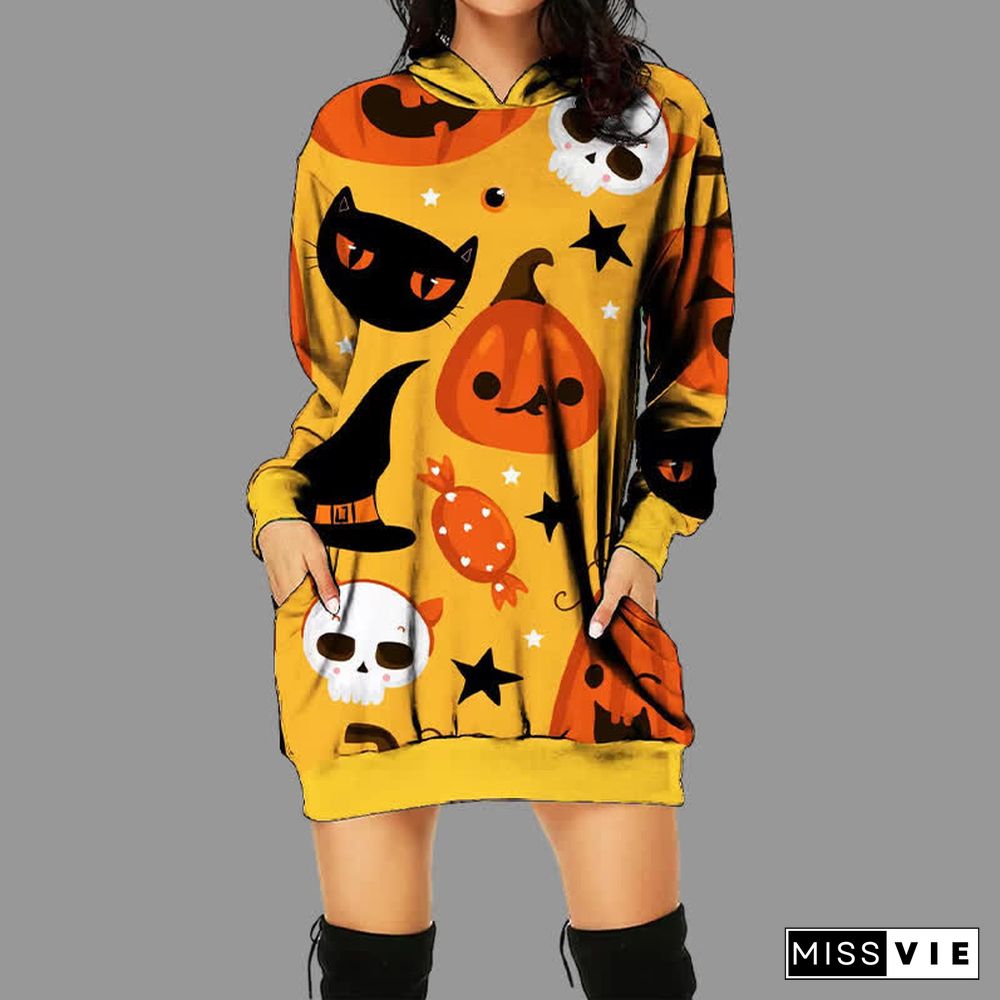 Halloween Pumpkin Black Cat 3D Print Long Sleeve Pocketed Hoodie