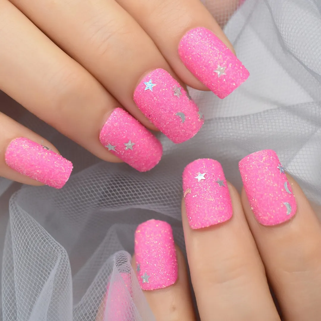 Stars Pink Lovely Nails Short Square Glitter Matte Gels Flase FIngernails Supplies For Professionals Wholesale EchiQ Nails 24Pcs-Nail Inspo
