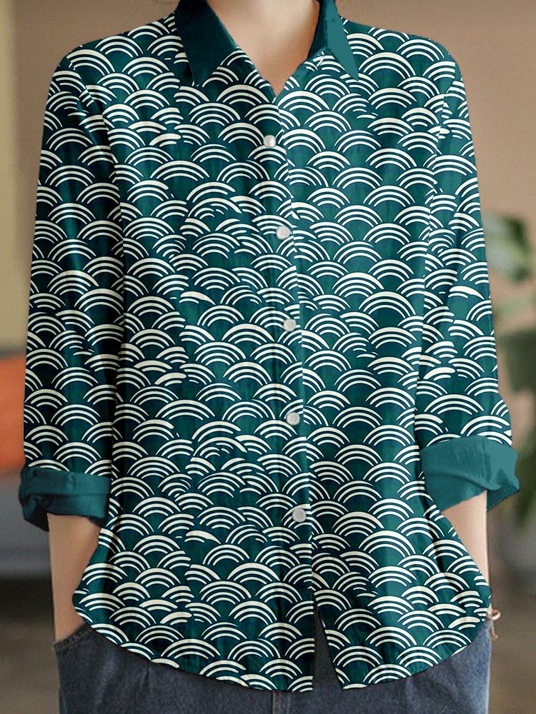 Japanese Minimalism Wave Pattern Linen Blend Blouse